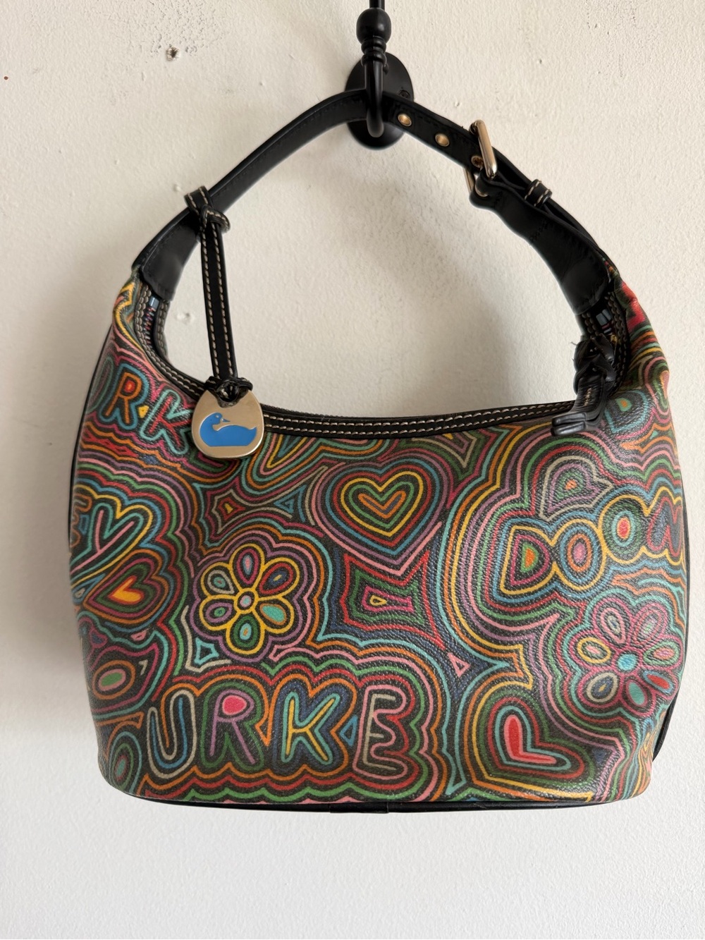 Dooney & Bourke Multicolor Heart & Floral Print Shoulder Bag with Black Trim